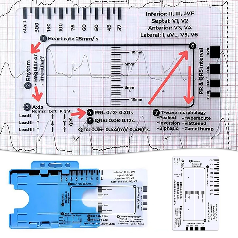 Elektrokardiogramm 7-Schritt-Lineal Transparente EKG-Messschieber Messung Tragbares Taschen-EKG-Lineal für Krankenschwestern Einfach zu tragendes EKG-Interpretationslineal