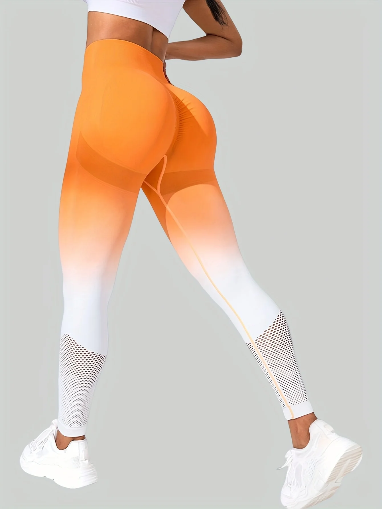 Women Mid‑Rise Fleece Lined Leggings Gradient Orange White Mesh Splicing Slim Stretchy Sports Casual Pants