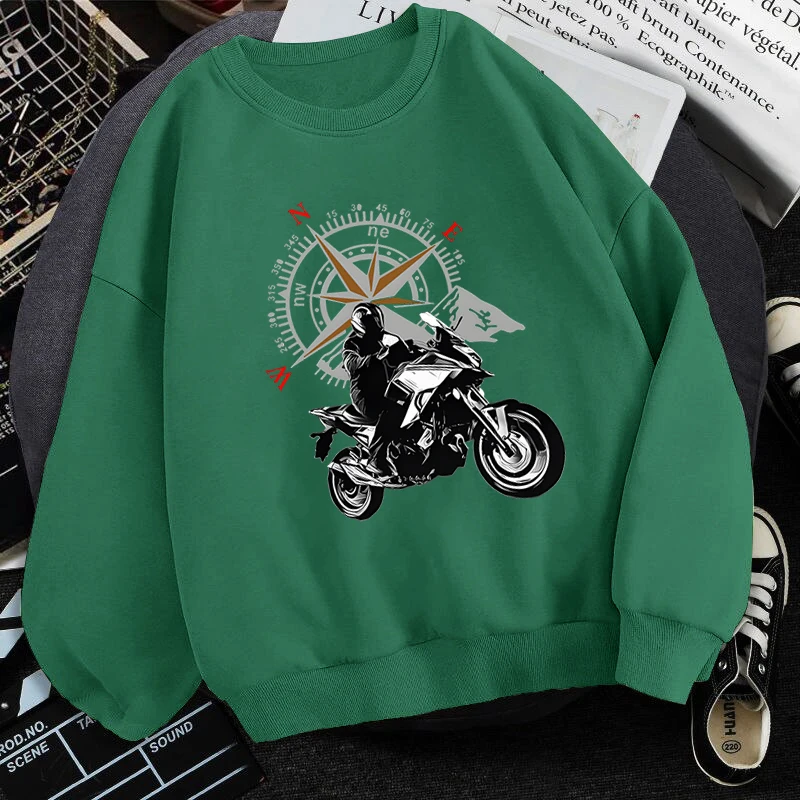 Street Men's Trip Sweatshirt Funny Mountain Motorcycle and Compass Graphic Pullover Fashion Crew Neck Unisex Motorbike Sportwear