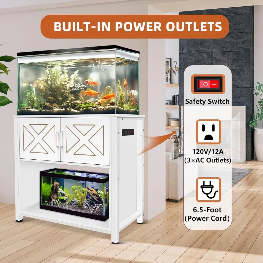 40 Gallon Aquarium Stand with Cabinet & Power Outlets, Heavy Duty Metal Tank Stand for 40-50 Gal, 660LBS, White