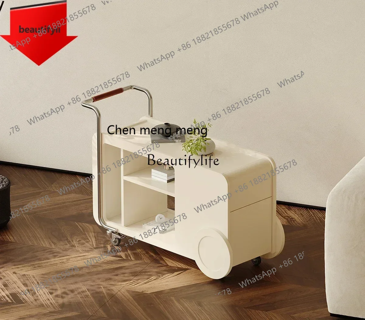 

New style Cream wind moving side few sofa side shelves simple modern designer creative cart storage ss 8617