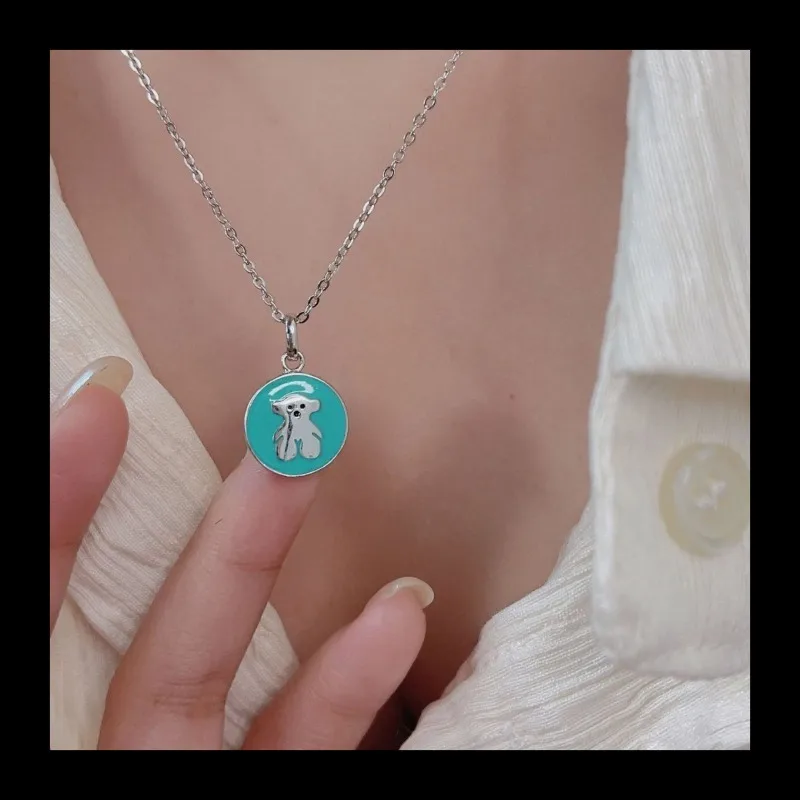 

Ins Wind S925 Стерлингового Серебра Светло-Зеленое Ожерелье с Милым Медведем Модное Легкое Роскошное Эпоксидное Дизайнерское Ожерелье Смысл Подвесное