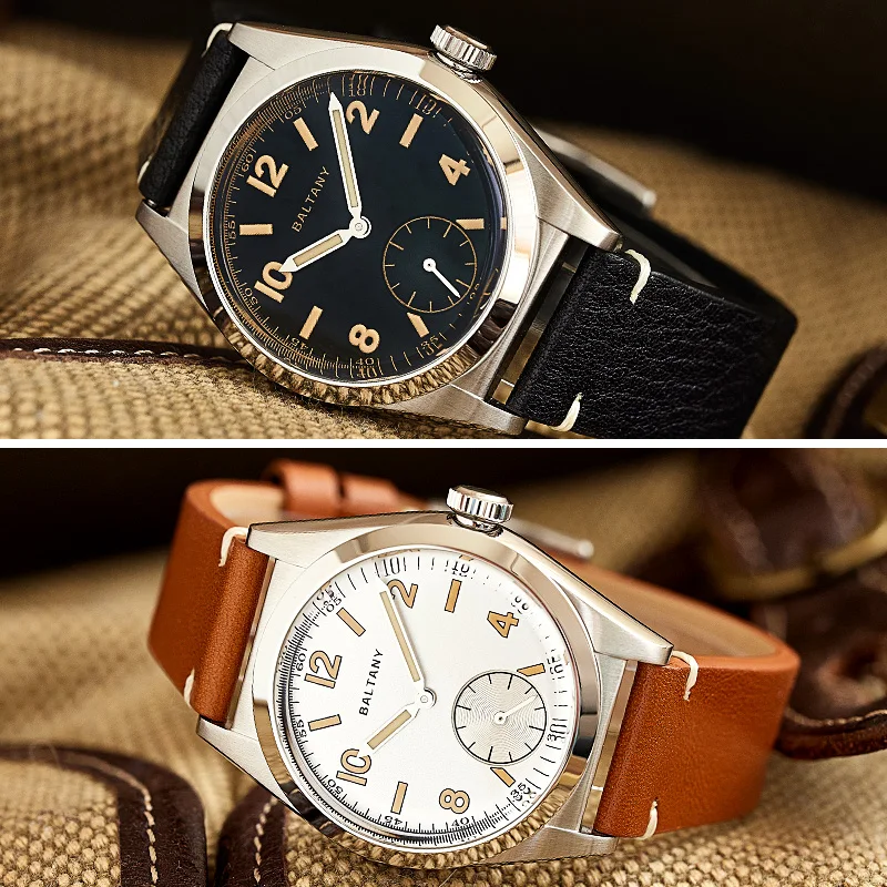 Baltany 버블 백 원피스 시계, 서브 다이얼 IPG 베젤 가죽 골드 핸드 사파이어 크리스탈 스테인레스 스틸, VD78 쿼츠 손목시계