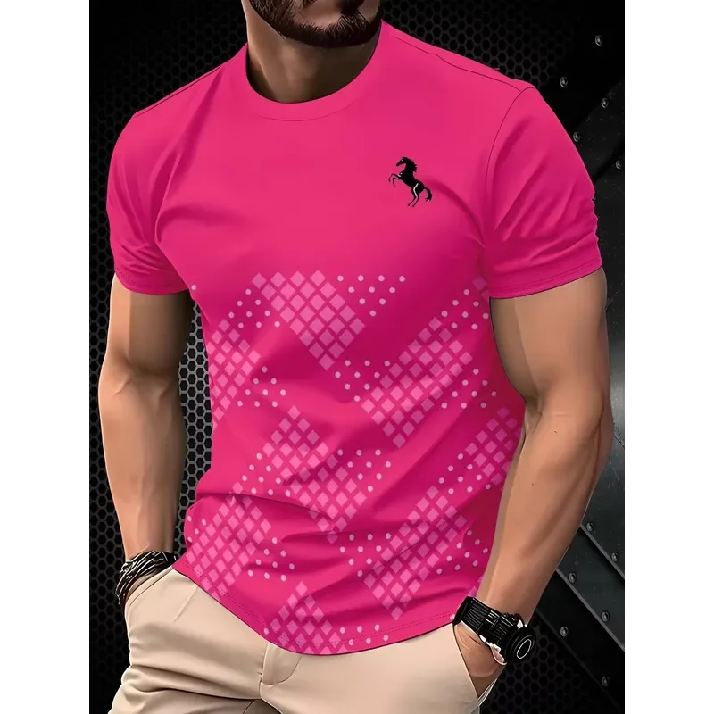 2026 Men T Shirt Turquoise Gold Wave Abstract Pattern Round Neck Short Sleeve Breathable Summer Gradient 3D Polyester Printed