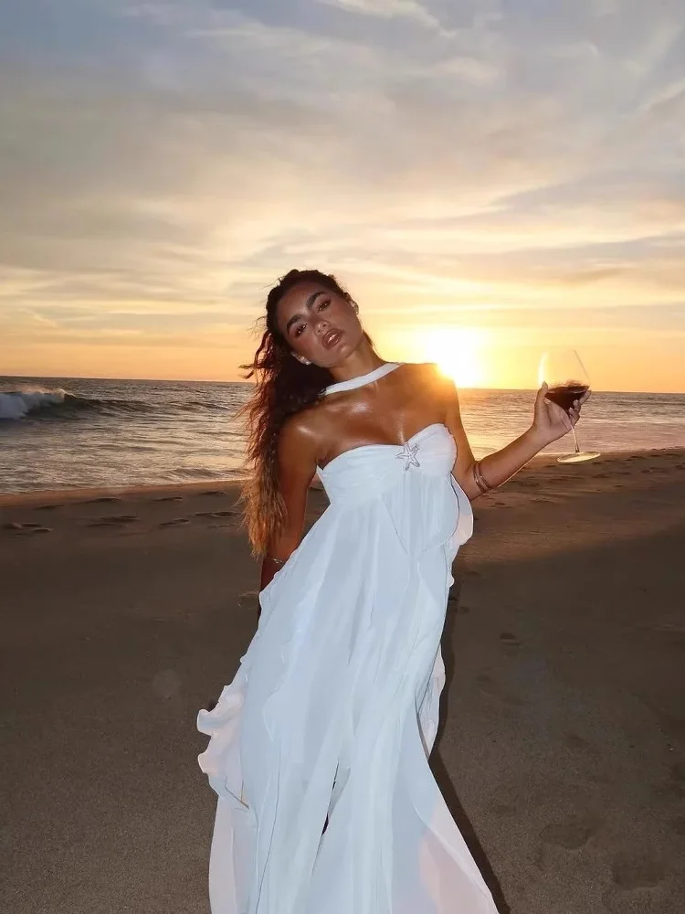 Romantic Beach Lace Dr ter Ne Tassel Trim Bustier Gown Sweet Sle High Waist Long Skirt No Sve Summer Faion