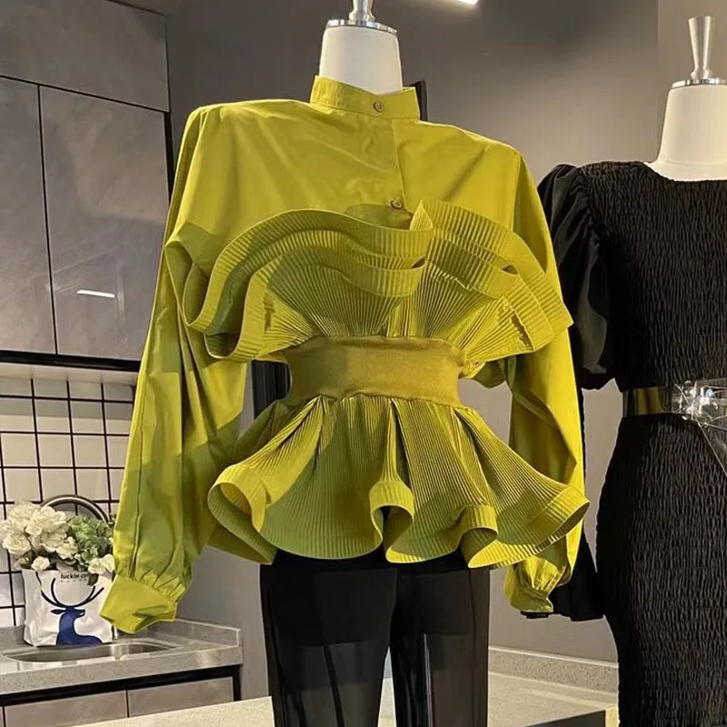 

2026 NEW Design Fall Fashion Stand Collar Slim Shirts Long Lantern Sleeve Ruffles Fitted Blouse Black White Green Elegant Tops