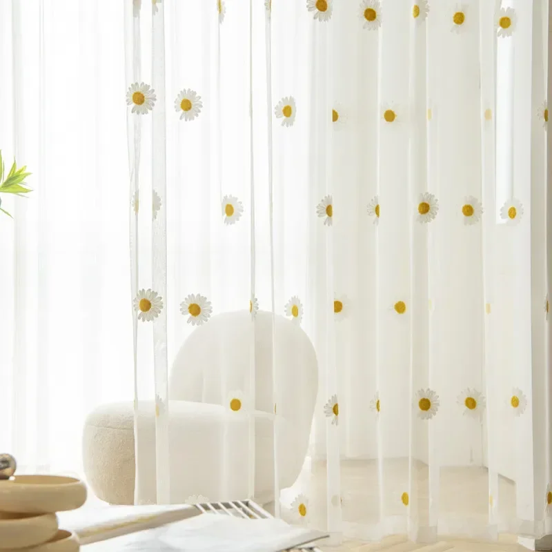 Country Vintage Gänseblümchen bestickte Tüllvorhänge, Blumenpflanzenmuster, Voile-Bauernhaus-Fenstervorhänge für Wohnzimmer und Schlafzimmer