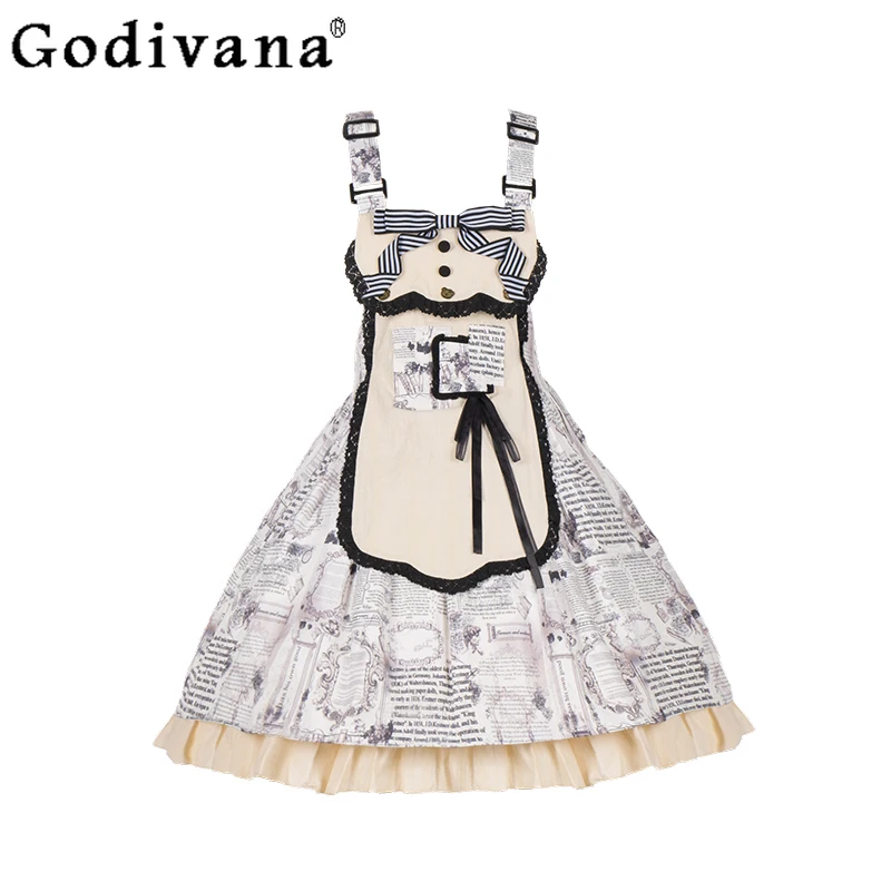 Primavera Autunno Vintage Grembiule staccabile Stampa Lolita Abito con cinturino al collo quadrato Dolce fiocco Ragazze Vita alta A-line Grandi abiti altalena