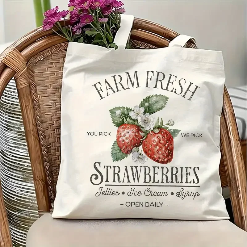 strawberry Jam Print Canvas Tote Bag Reusable Shopping Bag with Cute Strawberry and Jam Jar Design Shoulder Handbag