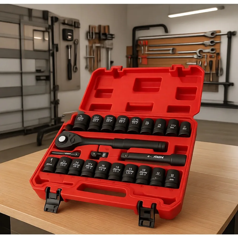 

24pc 1 2 Drive Impact Socket Set SAE Metric Shallow 7 16 to 1 Inch 13 24mm with Ratchet CrV Steel