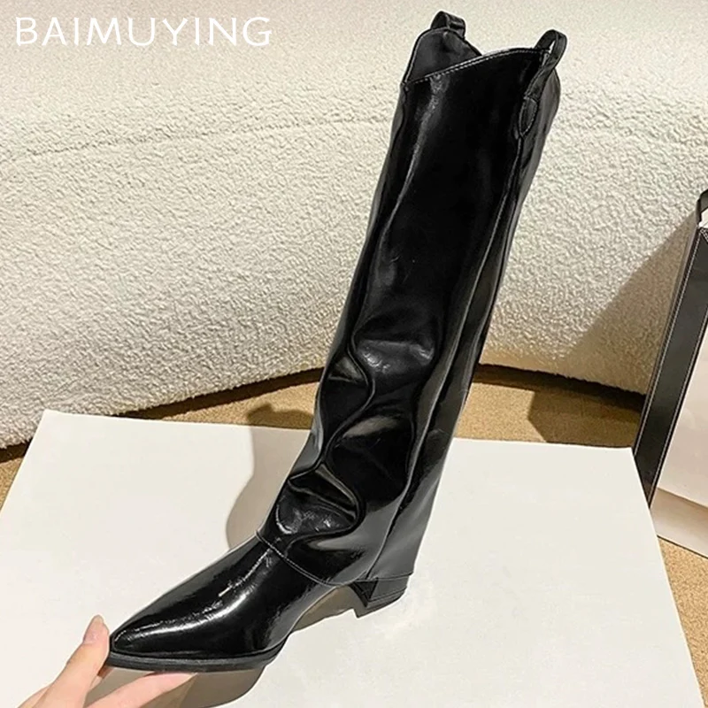 Leather Chunky Women High Boots Pointed Toe Fad High Heels Shoes 2025 Trend Winter New Knee High Pumps Motorcycle Botas Mujer