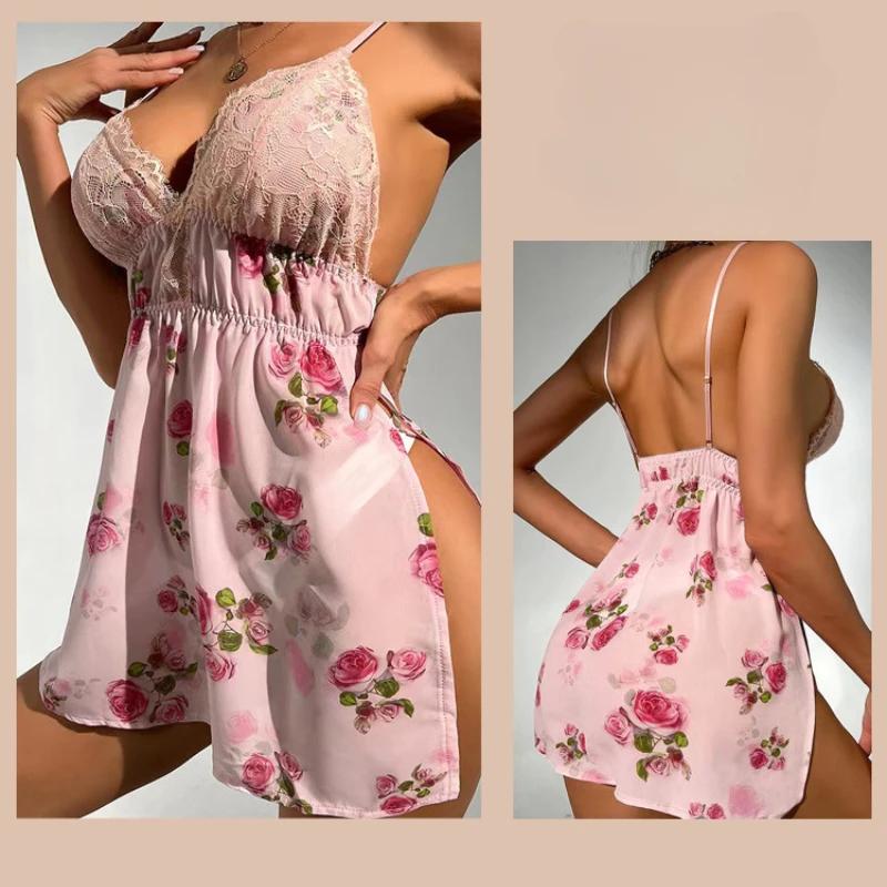 

Sexy Lace Lingerie Set Floral Print Halter Nightgown with Sexy Slit and Backless Design for Comfortable Home Wear Sexy Sleepwear