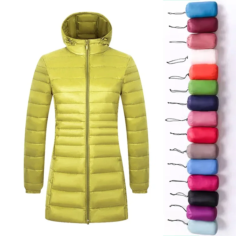 Women Long Warm Light Down Jacket Ladies Fashion Hooded with Portable Storage Bag Puffer Coats Women\'s Overcoats Hip-Length Coat