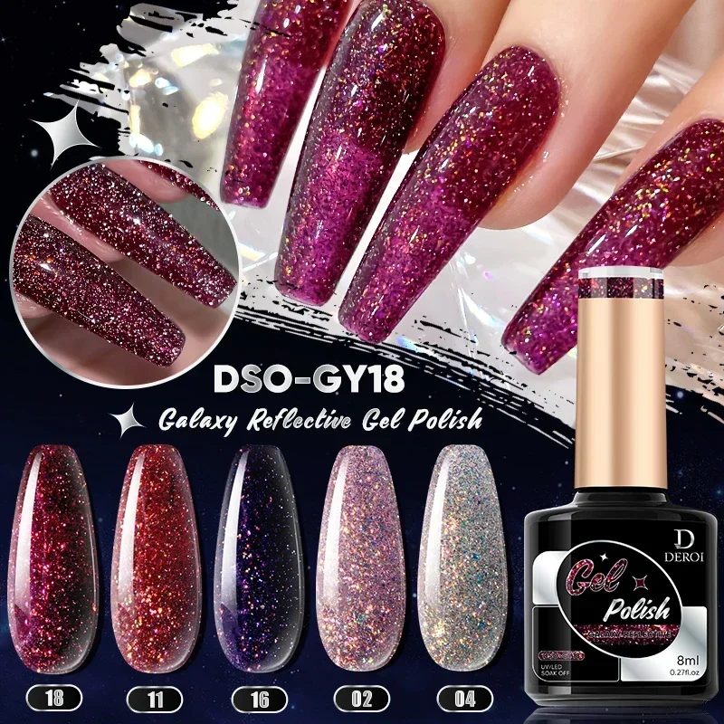 

DEROI 8ml Glitter Rubber Base Coat for Manicure Reflective Gel Nail Polish UV/LED Gel Soak Off Semi Permanent Varnis Nail Art