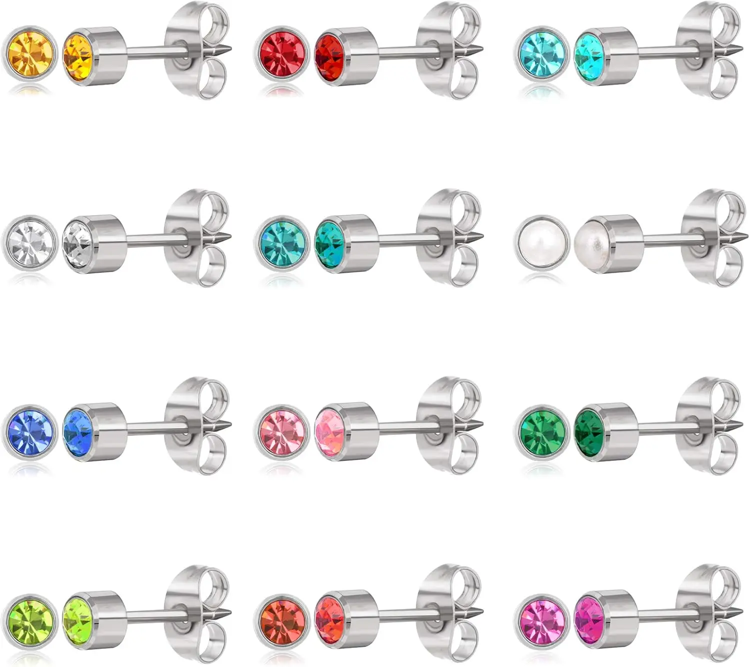 

Peerless 12 Pairs Stud Earrings for Women, Stainless Steel Stud Earrings Round Colorful Zircon Stud Earring Set (Silver)
