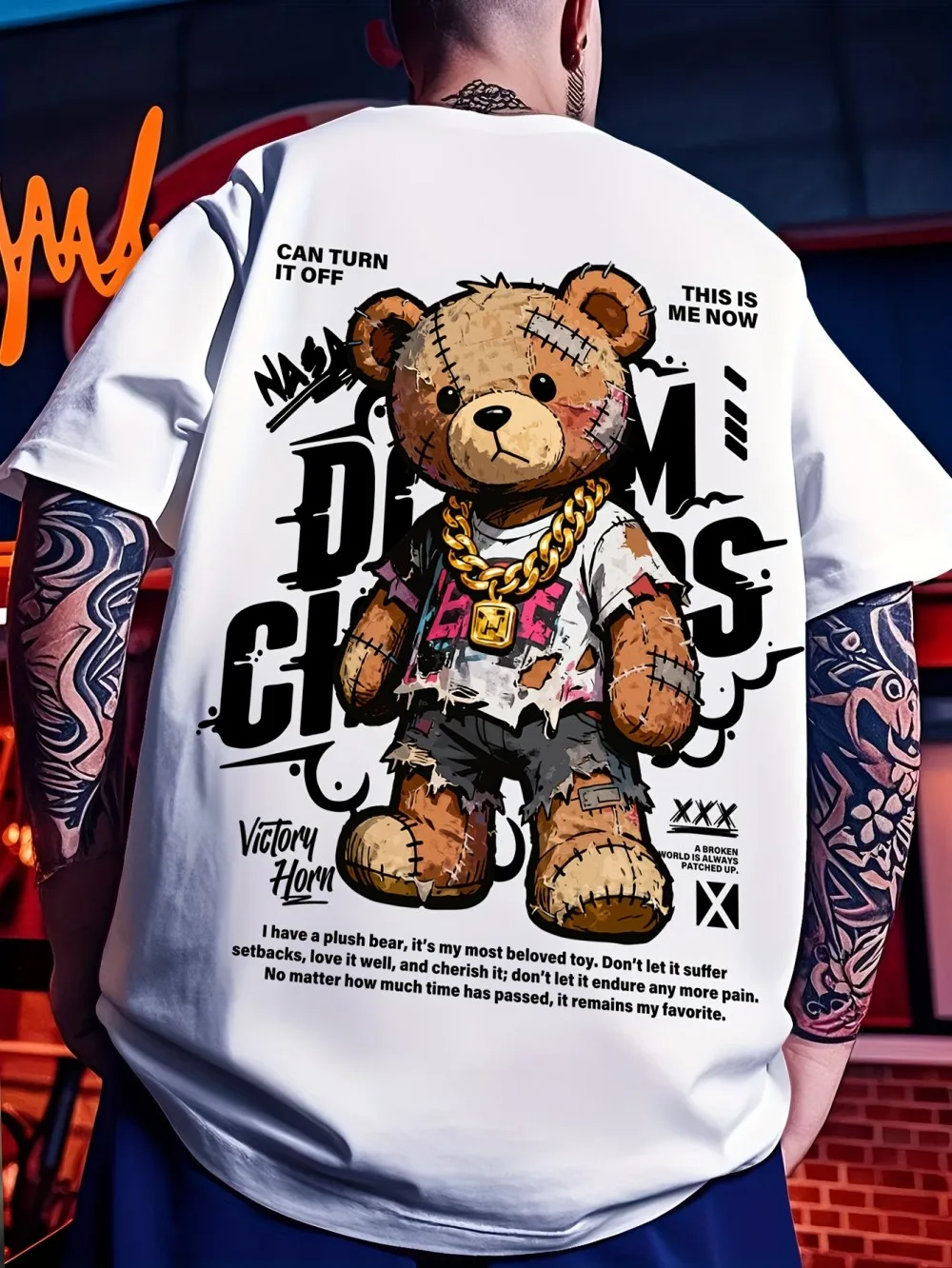 European and American Men's Summer Teddy Bear Graffiti Print Comfortable and Breathable Round Neck Tshiirt Outdoor Street Top