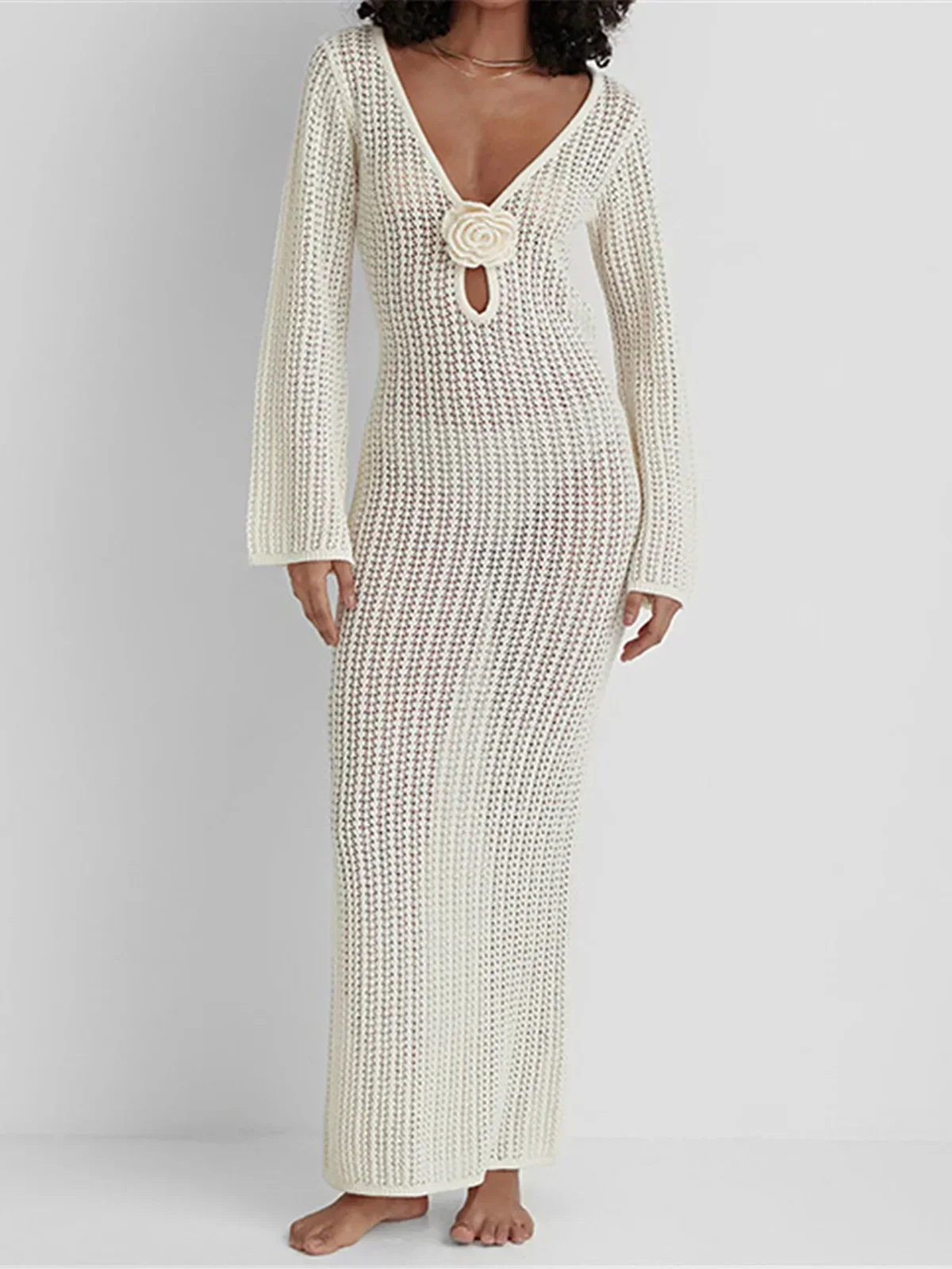 

3D Flower V Neck Long Sleeve Crochet Knitted Tunic Beach Cover Up Cover-ups Beach Dress Beach Wear Beachwear Female Women V5852