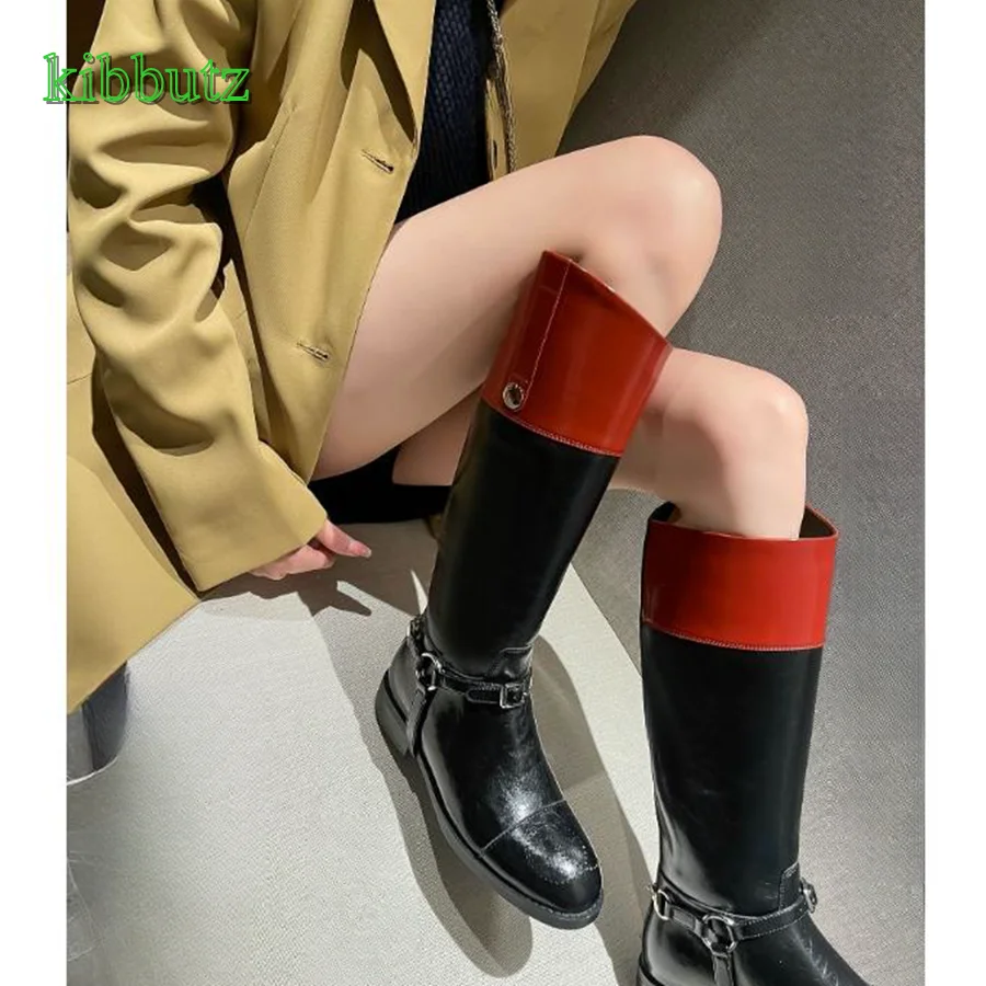 

Colorblock Leather Knee High Boots,Round Toe Low Heel Straight Boots Women Shoes Autumn Long Boots 2023 New Zapatos Para Mujere