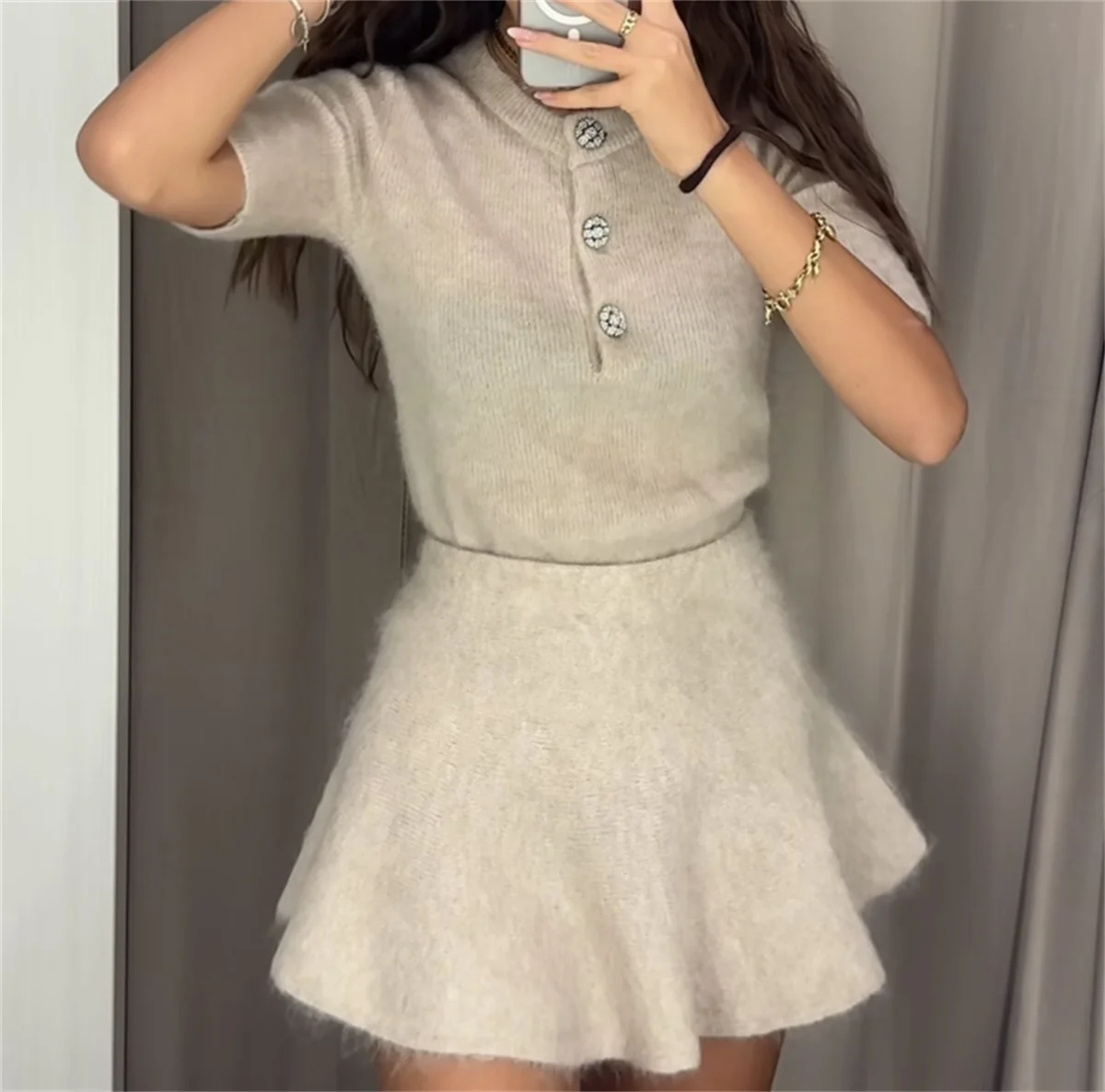 Elegant Knitted Mini Skirt Suit Fashion Solid Two Piece Set For Women O Neck Short Sleeve Top High Waist Skirts Lady Autumn Sets