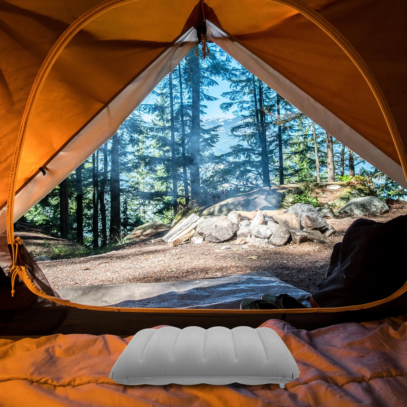 

Inflatable Camping Pillow Thickened PVC Soft Flocking Surface Portable Outdoor Cushion Nap Travel Lumbar Support Pillow