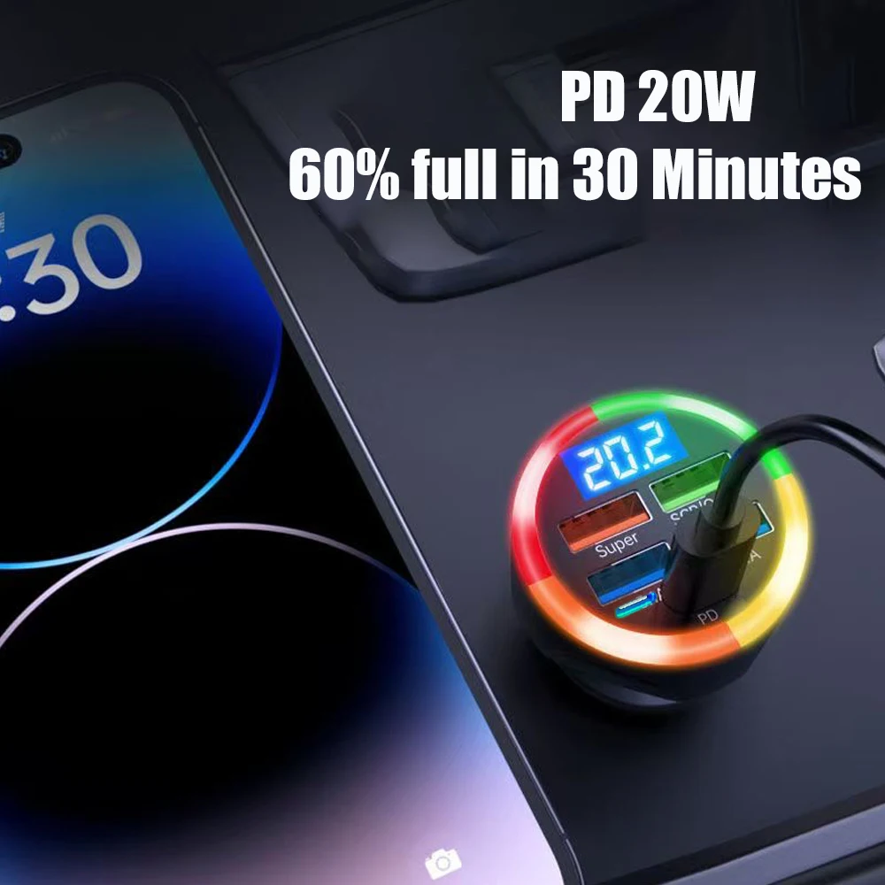 UYUXIO 6 in 1 USB C Car Phone Charger Adapter Dual PD with Voltage Display Super Fast Charge in Car for iPhone iPad Samsung image 6
