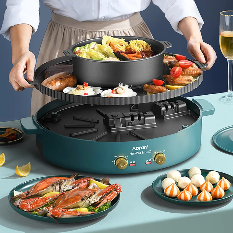 Electric Bbq Hot Pot and Grill Set Noodle Soup Big Household Lamb Chinese Fondue Non-stick Fondue Chinoise Kitchen Appliances