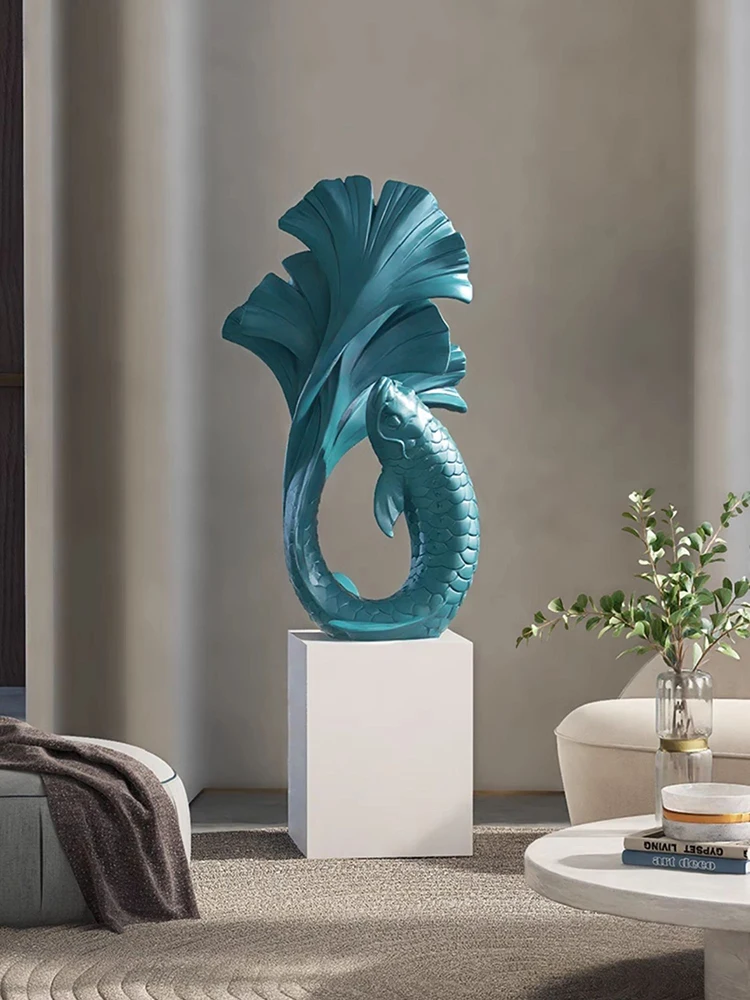 Home Decor 102CM Fighting Fish Statues Large Floor Decoration Lucky Fish Crafts Sculptures Housewarming Gifts Interior Figurines
