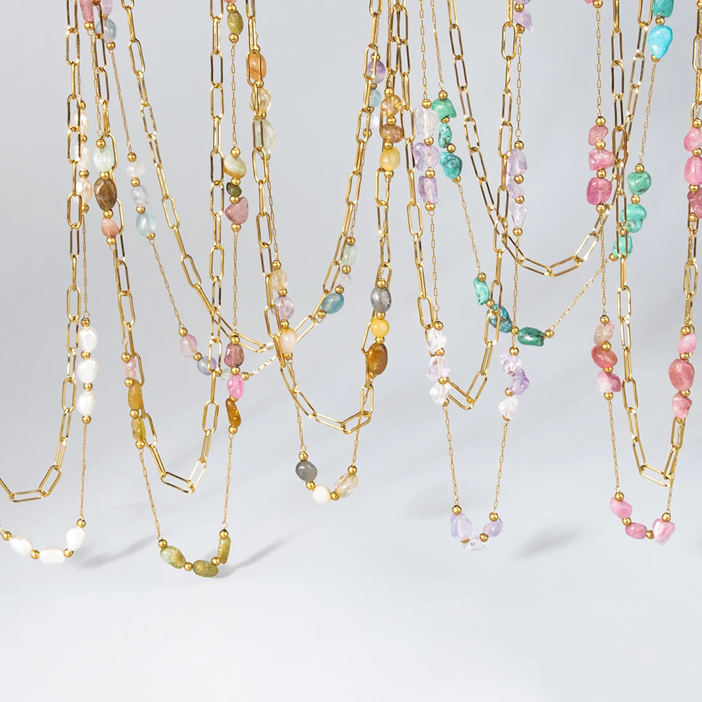 GUFEATHER ، MH55 1 جزء/الوحدة قلادة الموضة اليدوية 18 كيلو مطلية بالذهب الفولاذ المقاوم للصدأ الأحجار الطبيعية قلادة مزدوجة الطبقات #3