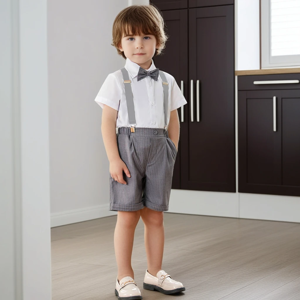 Boys Strap Pants Suit Fashion Gray Stripe Kids Weddings Blazers Set 2-12 Years Children School Uniform Toddler Birthday Outfits