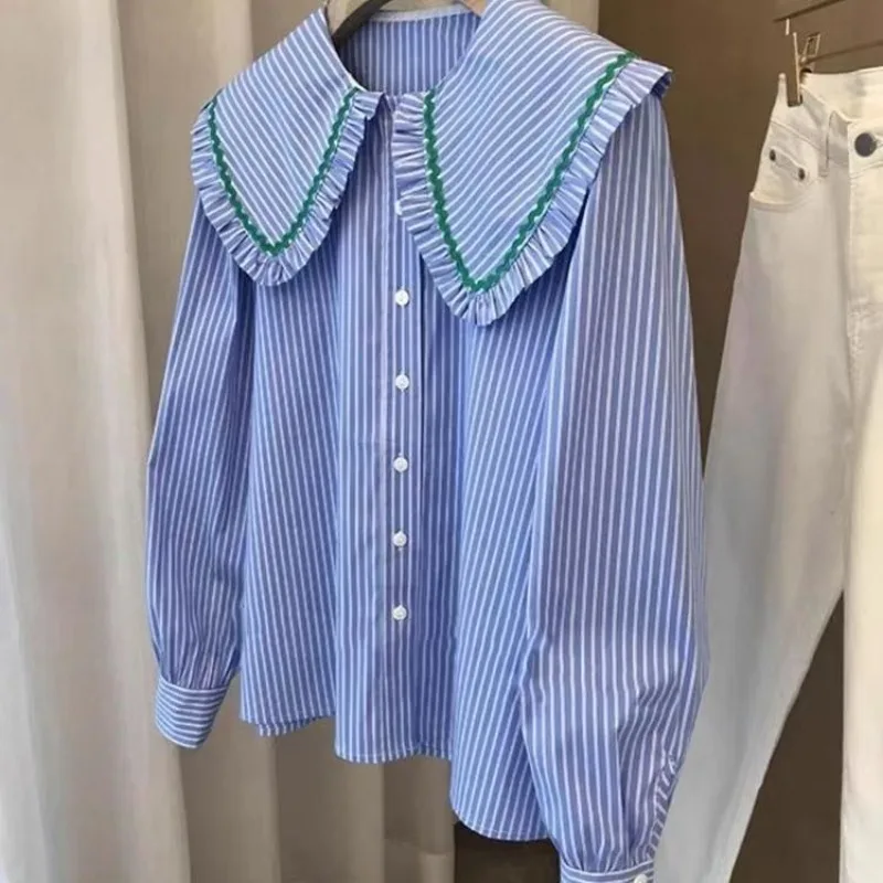 2025 nueva primavera casual estilo coreano peter pan collar blusa a rayas de las mujeres de un solo pecho suelta ajuste elegante camisas de manga larga