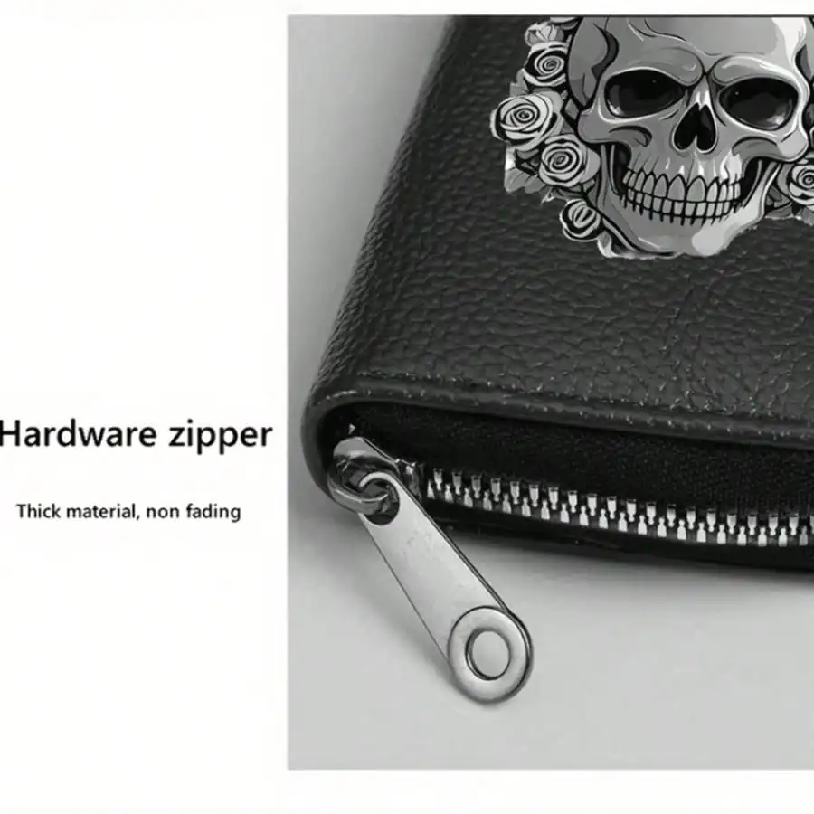 Gothic-Geldbörse mit Totenkopf-Blumendruck, multifunktionaler Kartenhalter, Münzgeldbörse mit Reißverschluss, einzigartiges Geschenk für Männer, Mini-Geldbörse, Kartenhalter – Detail 3