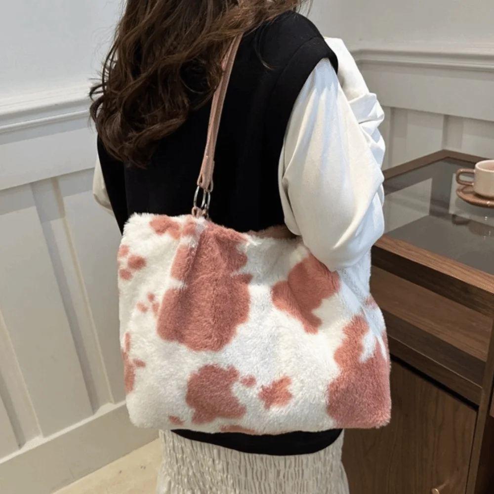 Gift Large Capacity Plush Tote Bag Durable Versatile Cow Print Shoulder Bag Fluffy Soft Underarm Bag Daily Commute