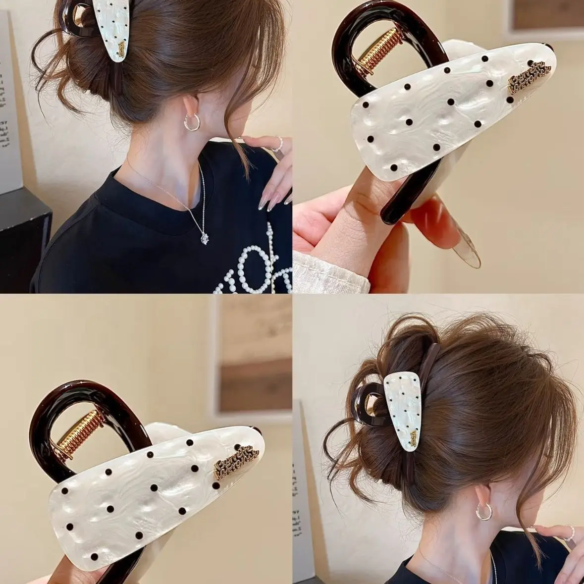 French Polka Dot Acrylic Shark Hair Claw Elegant Metal Letter Decor Large Hairclips For Women Vintage Jewerly Accessories