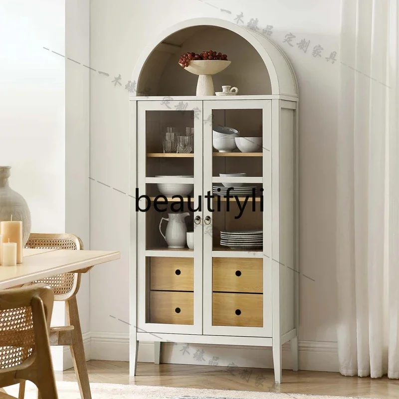 

07 American-style Light Luxury Solid Wood Bookcase Living Room with Glass Door Wine Cabinet Vintage Arched Decorative Cabinet