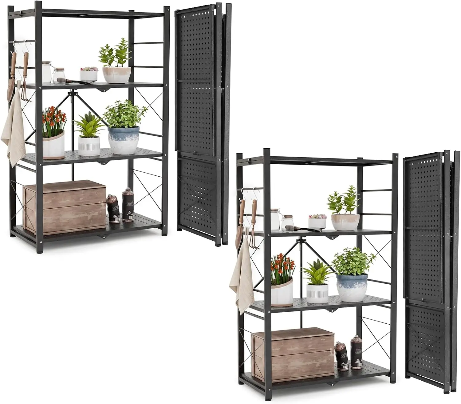 4-Tier No Assembly Foldable Metal Storage Rack Steel Plant Stand for Greenhouse Multipurpose Storage 28”x14.6”x44.7” 520 lbs, 2 Pack, Black
