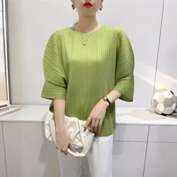 ALSEY Short-sleeved Solid Women's T-shirt Round Neck Design Pleated Blouse Female Loose Plus Size Slim Hundred 2024 Summer New