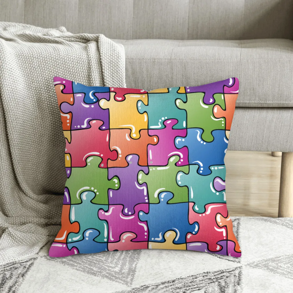 Cartoon Puzzle Background Jigsaw Puzzle Polyester Cushion Cover For Livingroom Office Decorative Washable Hug Pillowcase