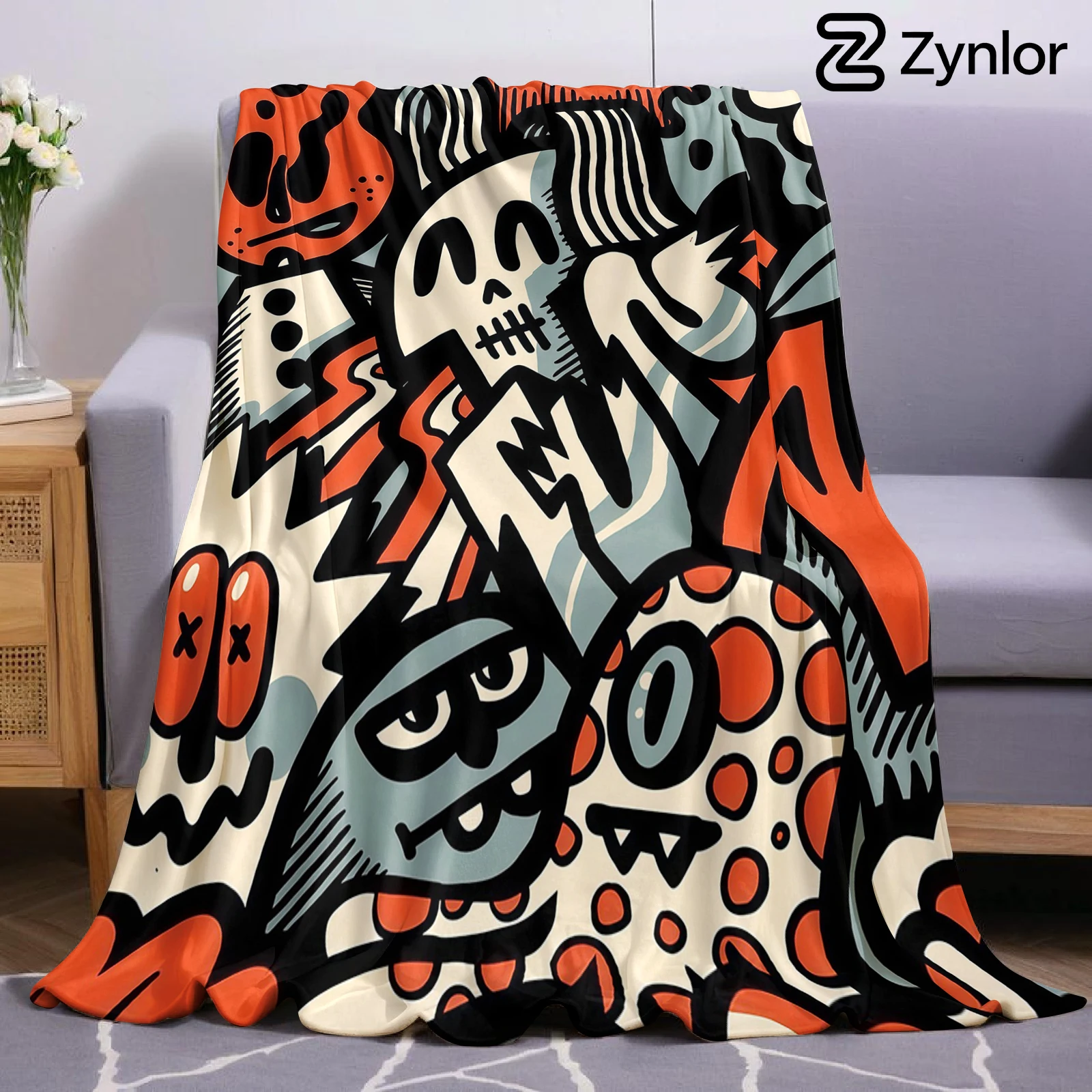 Graffiti Monster Cartoon Anime Print Flannel Blanket Soft Warm Throw for Kids Bedroom Sofa Bed Christmas Office Car