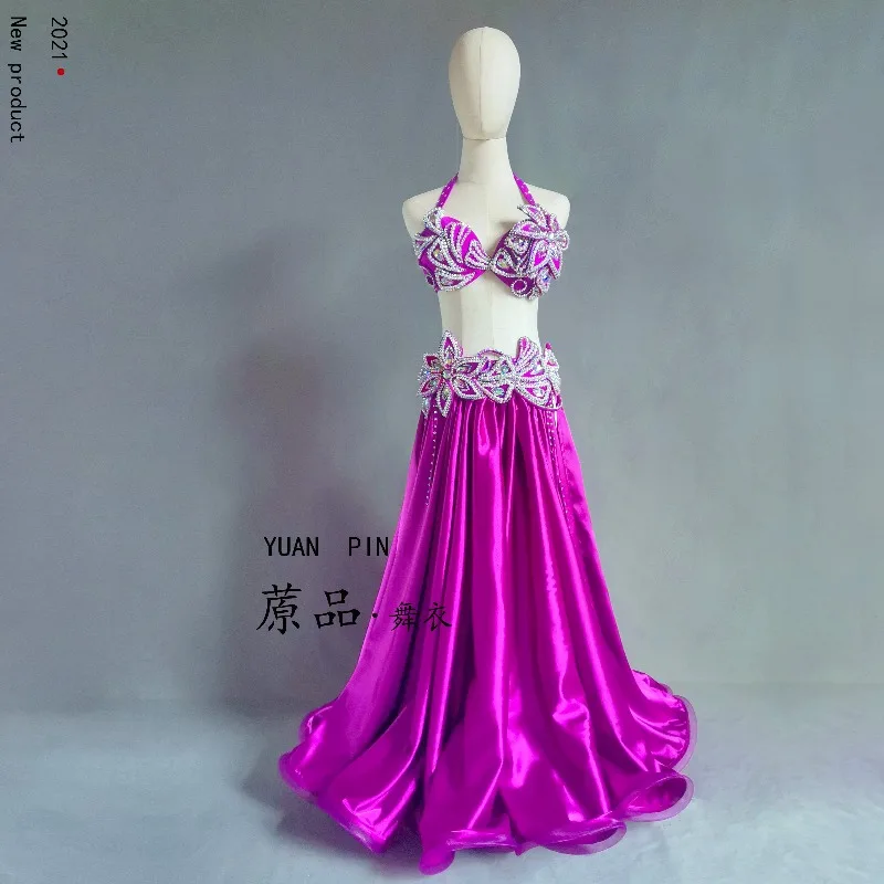 Customized Belly Dancewear Rhinestone Accessories Group Stage Suit Performance Costume Belly Dancing Bra Tassel Split Skirt Set