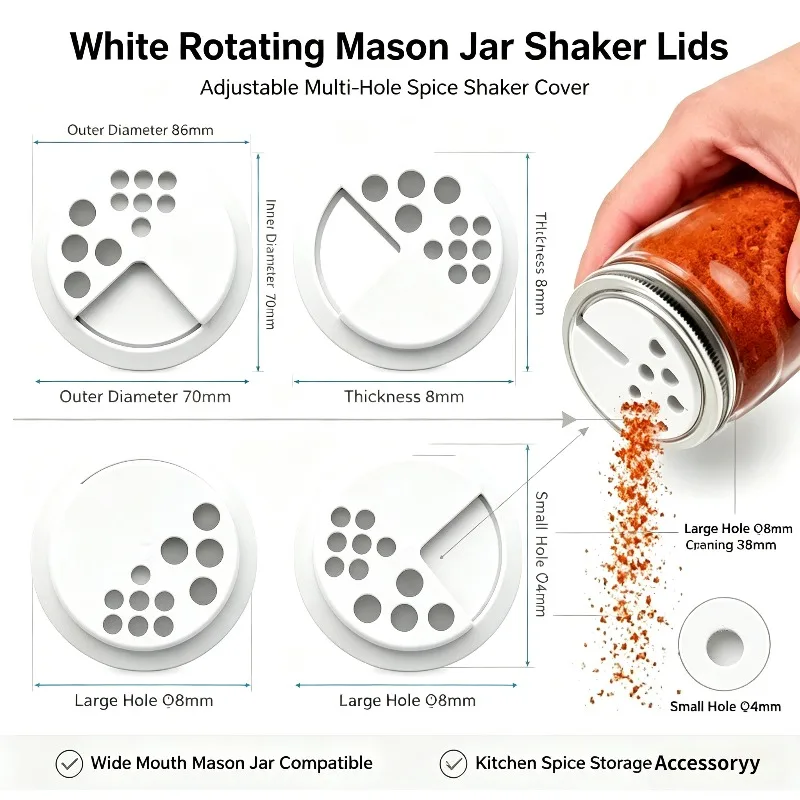 5 PCS White Rotatable Mason Jar Shaker Lid, Adjustable Multi-hole Spice Shaker Cover For Mason Jars Kitchen Storage Parts