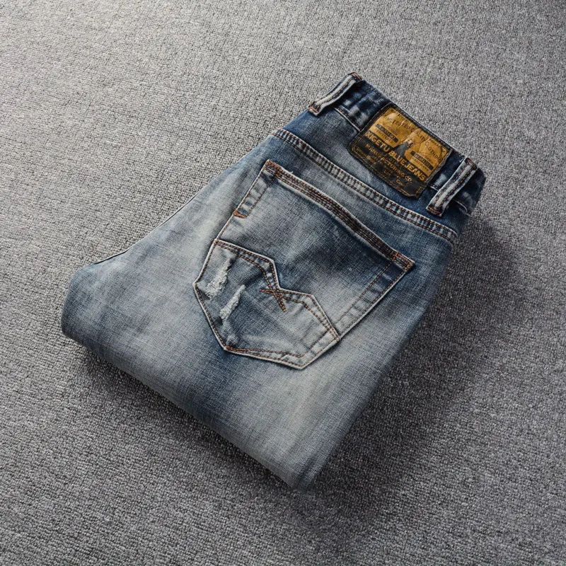 Fashion Designer Men Jeans High Quality Retro Washed Blue Stretch Slim Fit Ripped Jeans Men Trousers Vintage Denim Pants Hombre