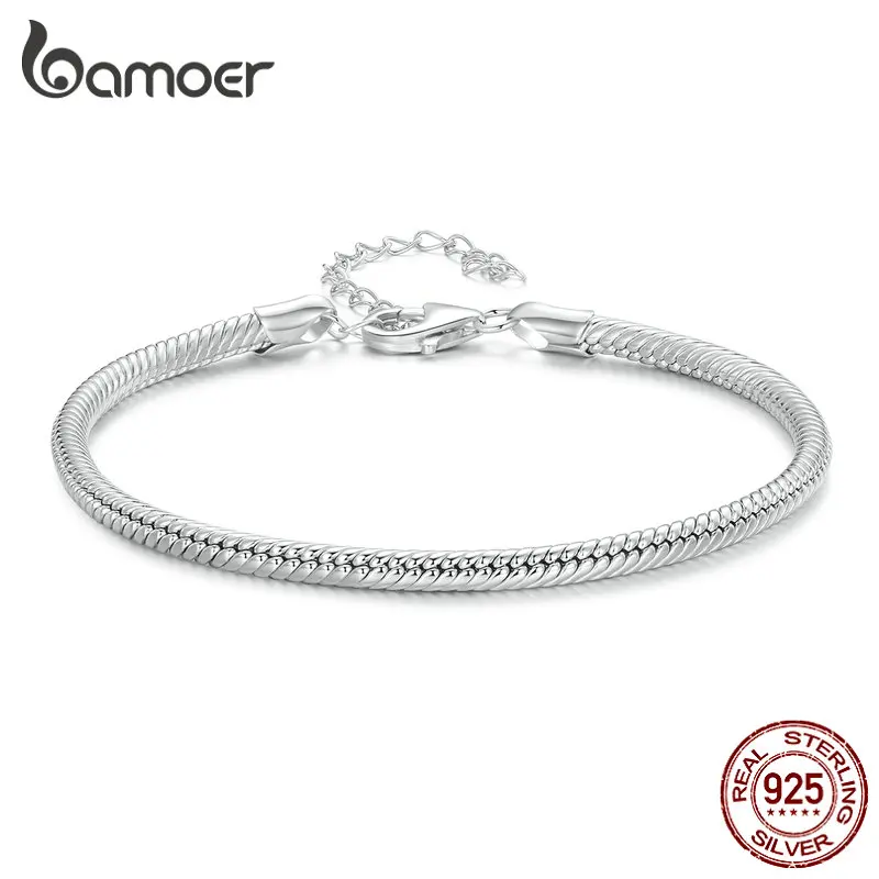 Bamoer 925 Sterling Silver Lobster Clasp Basic Bracelet Snake Chain Bangle for Women Birthday Gift Simple Fine Jewelry SCB252