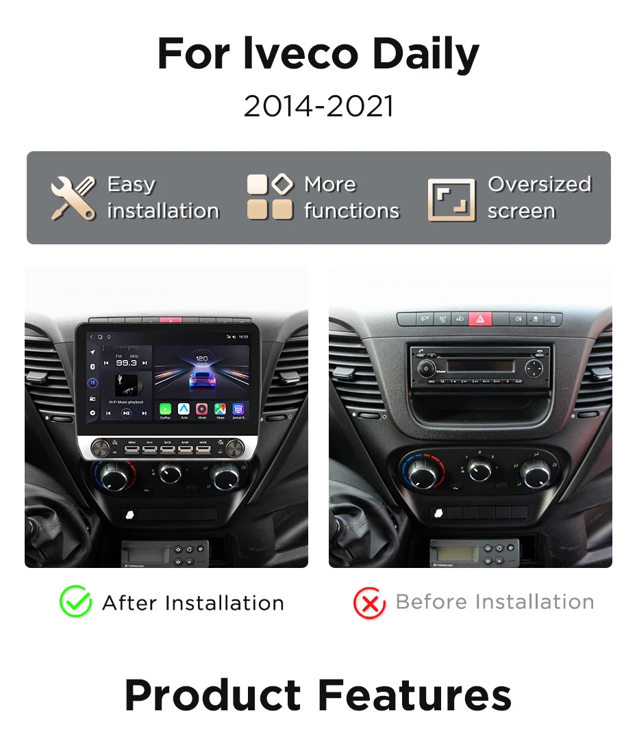 Junsun 10,1-Zoll-Autoradio für Iveco Daily 2014 2015-2021, kabelloses CarPlay, Android Auto, intelligente Systeme, IPS-Touchscreen mit physischen Tasten, DSP, GPS-Navigation, WLAN, DAB+, RDS, FM/RAM, BT, SWC, Plug-and-Play, 2DIN-Multimedia-Player – Detail 4