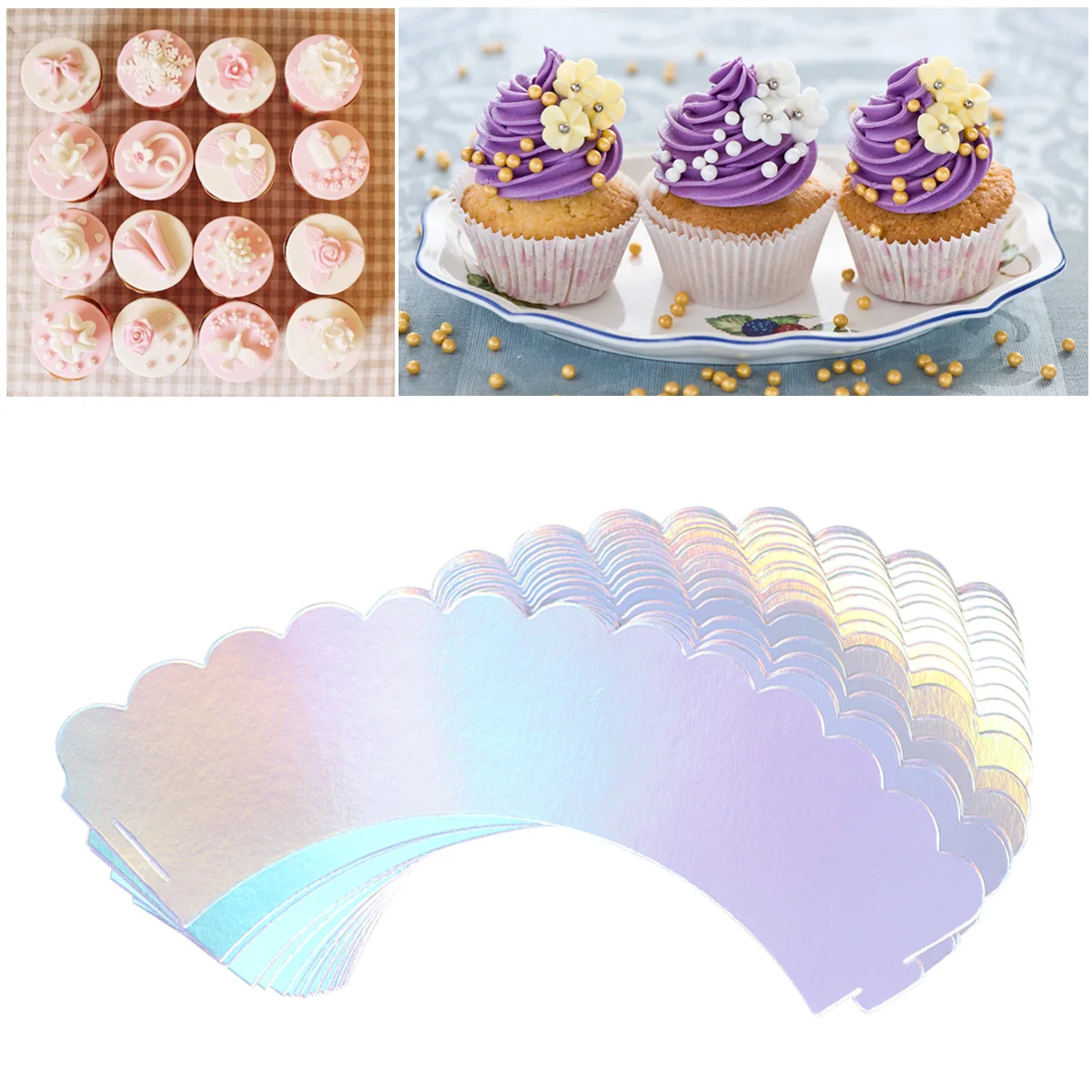 

24pcs Iridescent Cake Borders Bright Cupcake Sleeves Wrappers Muffins Holder Wedding Party Decorations Bakery Supplies