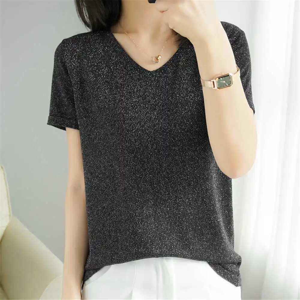 Ailaile Summer Tops New Ice Silk Short Sleeve Sweaters T-shirt Women\'s Loose V-Neck Thin Simple Bright Sequin Knitted Pullover