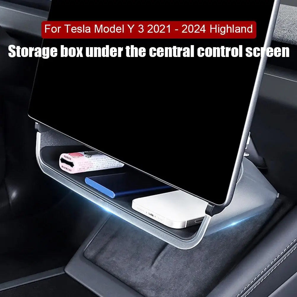 Under Screen Storage Tray For Tesla Model Y 3 2021 - 2024 Highland Hidden Under Screen Storage Box With Anti-slip Mat