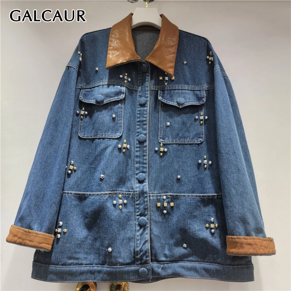 

GALCAUR синяя шикарная куртка с бусинами, женская свободная куртка с лацканами и длинными рукавами, винтажная уличная одежда, женские куртки, осенний стиль, мода