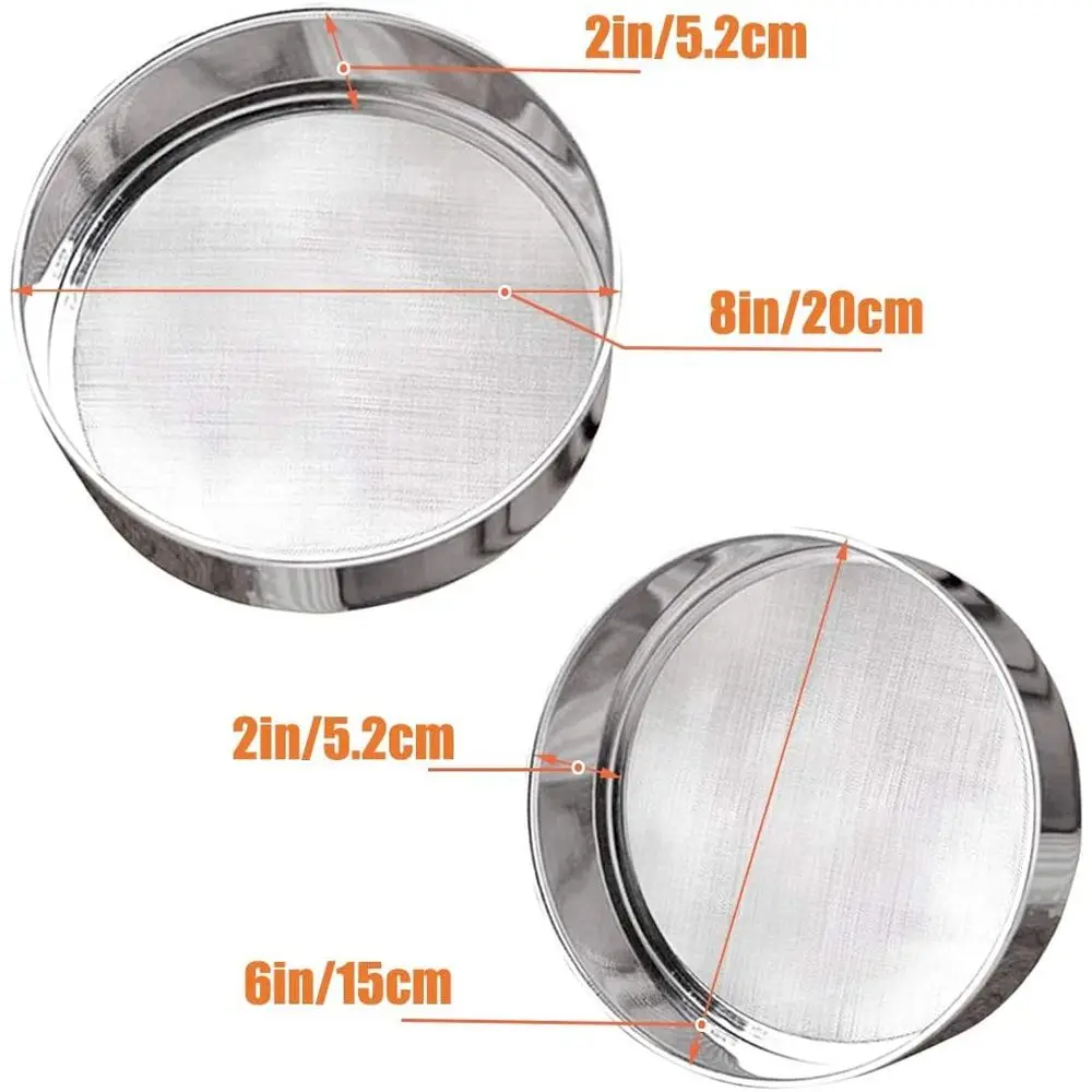 2 Pack Stainless Steel Mesh Strainers, Flour Sieve, 60 Mesh Round Sieves for Baking Bread (6-Inch & 8-Inch)
