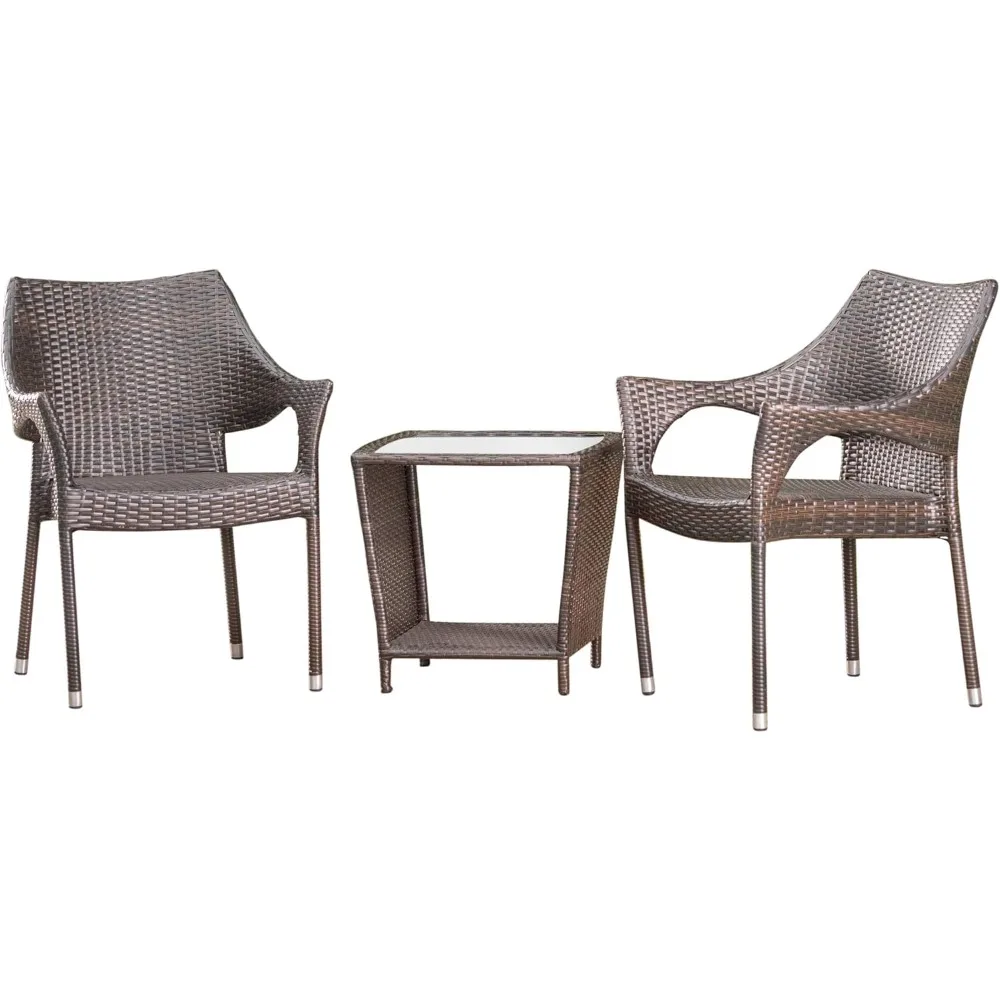 Outdoor Wicker Stacking Chair Chat Set, 3-Pcs Set, Multibrown