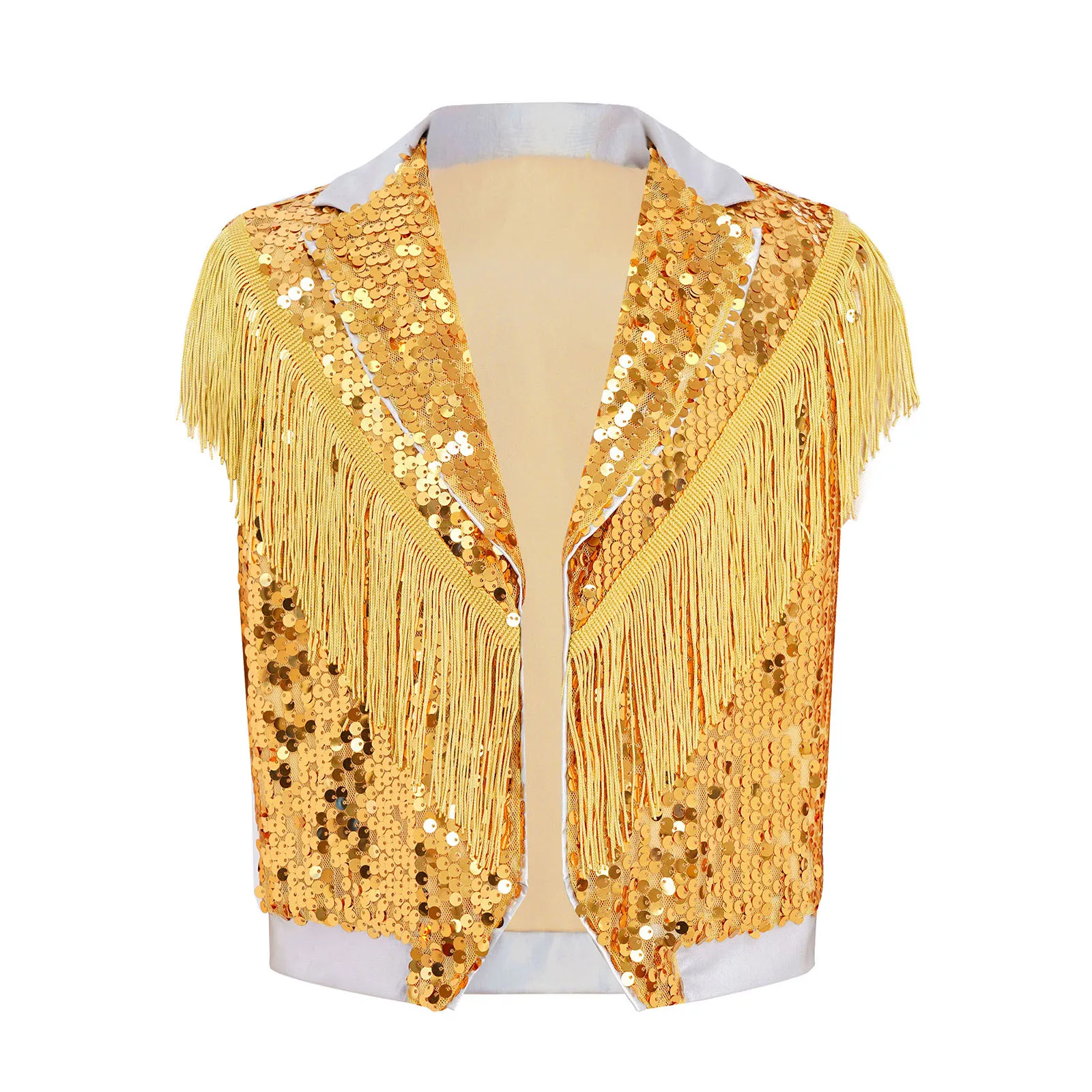 Kids Boys Disco Jazz Dance Stage Performance Costume Tassel Sparkling Sequin Vest Contrast Color Lapel Collar Sleeveless Tops
